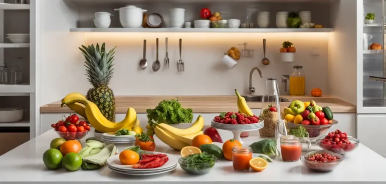 Uma mesa de cozinha com frutas frescas, vegetais coloridos, salada verde, peixes grelhados, quinoa e um copo de suco natural, destacando alimentação balanceada.