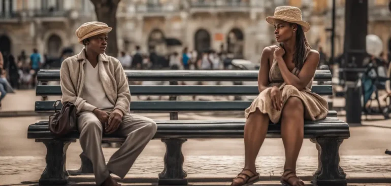 Imagem de uma pessoa sozinha em um banco de praça com figuras borradas de pessoas conversando ao fundo, simbolizando depressão e dificuldades de comunicação diária.