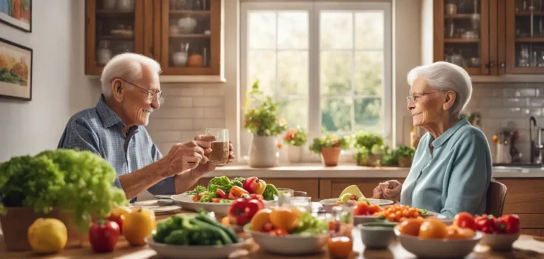 Casal idoso sentado à mesa de jantar com pratos cheios de vegetais, frutas, grãos integrais e proteínas magras, bebendo água em uma cozinha iluminada e aconchegante.