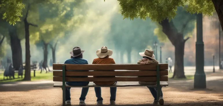 Dois amigos em um banco de parque, um oferecendo conforto ao outro que está triste, representando apoio emocional e amizade durante a depressão.