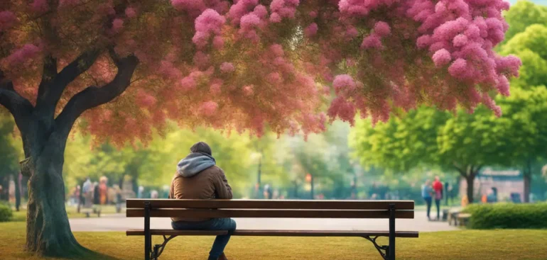 Pessoa sentada sozinha em um banco de parque, cercada por árvores verdes e flores coloridas, com as mãos na cabeça, aparentando estar angustiada, enquanto outras pessoas se divertem ao fundo.