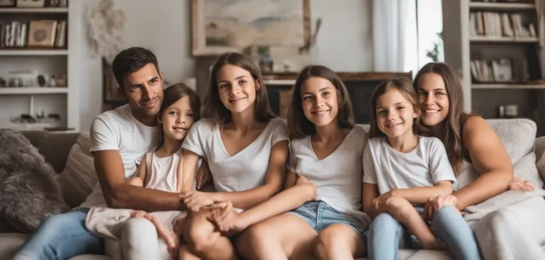 Família sentada no sofá da sala de estar com expressões preocupadas, destacando a ansiedade da filha adolescente que segura a cabeça, ambiente acolhedor.