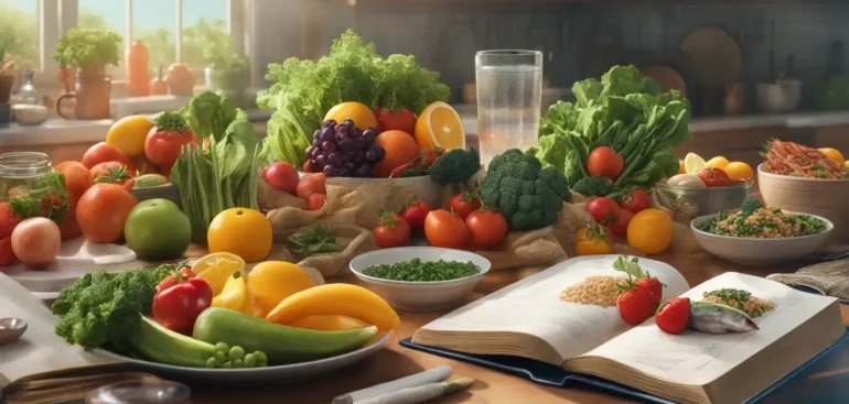 Imagem destacando a influência da nutrição na saúde mental: uma mesa com frutas, vegetais, uma refeição balanceada e um livro com ilustrações do cérebro.