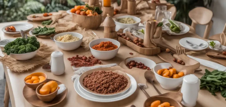 Imagem de uma mesa de madeira clara com alimentos saudáveis que fortalecem a imunidade, como brócolis, laranjas, castanhas, alho, espinafre e iogurte.