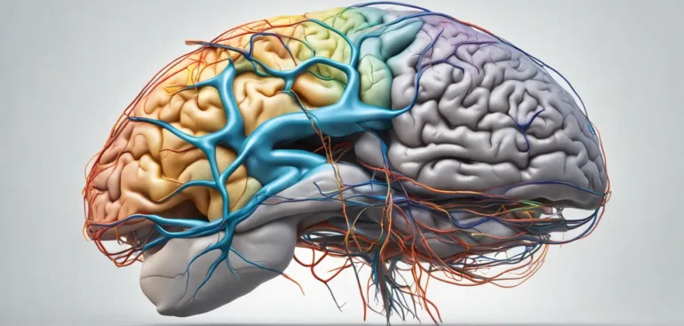 Ilustração anatômica do cérebro humano destacando conexões neurais anormais, relacionada a distúrbios neurológicos raros.