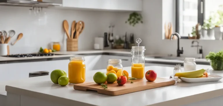 Vários frascos de suplementos alimentares ao lado de frutas frescas e um copo de água em uma mesa de cozinha branca moderna e luminosa.