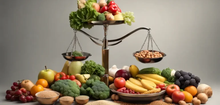 Balança equilibrada com uma variedade de alimentos, incluindo frutas, vegetais, carne e grãos, representando dietas da moda.